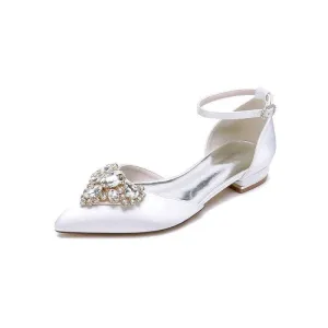 Satin Pointed Toe Ankle Strap Rhinestone Kitten Heels