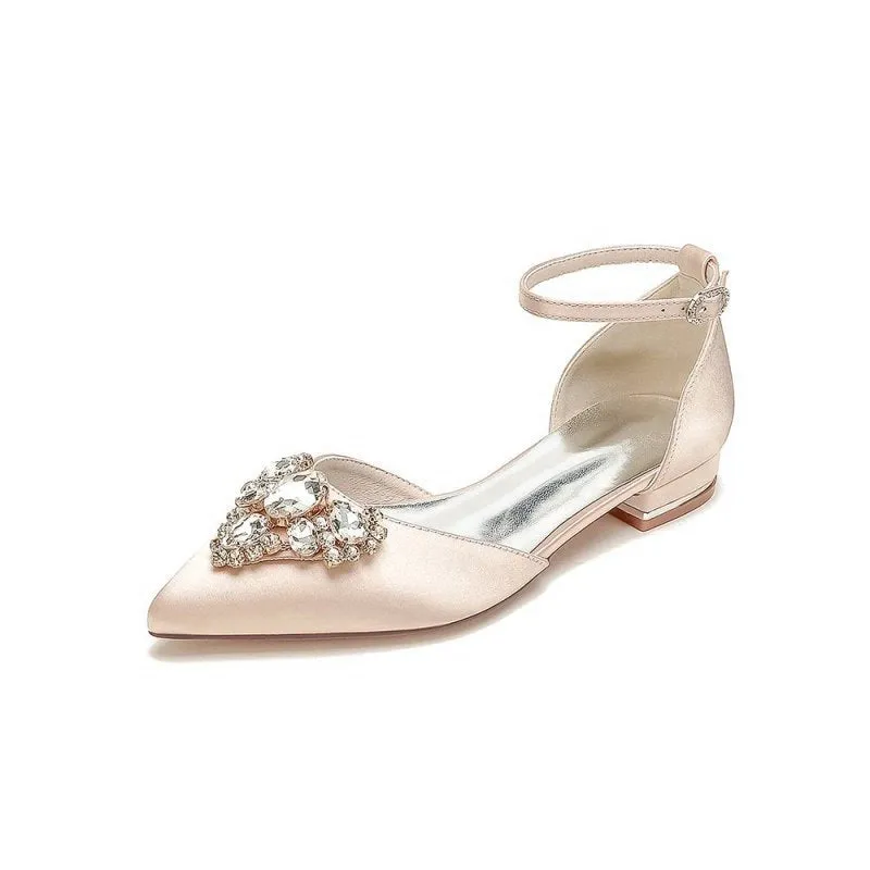 Satin Pointed Toe Ankle Strap Rhinestone Kitten Heels