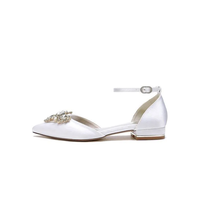 Satin Pointed Toe Ankle Strap Rhinestone Kitten Heels