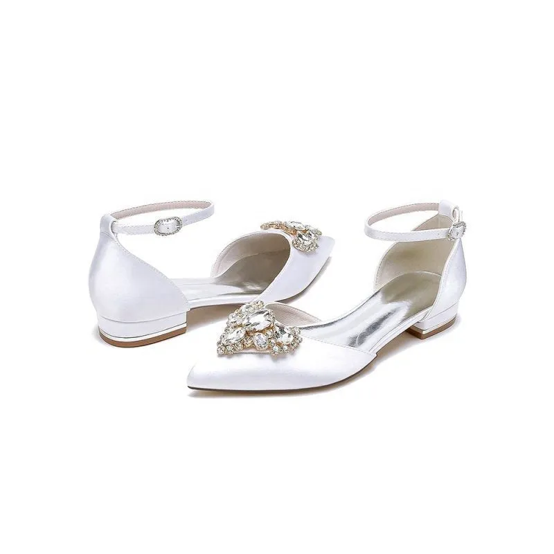 Satin Pointed Toe Ankle Strap Rhinestone Kitten Heels