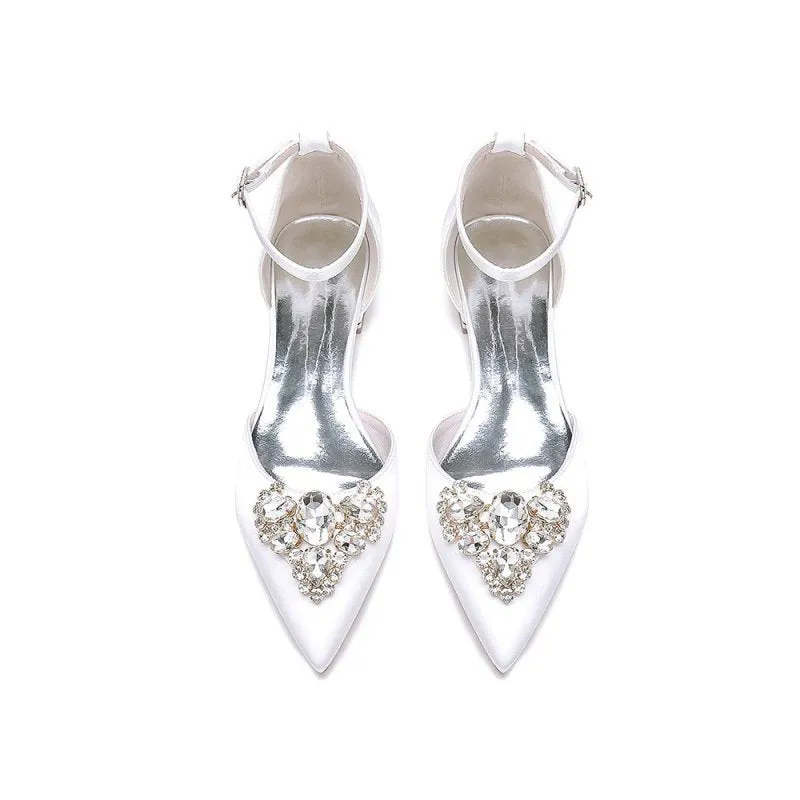 Satin Pointed Toe Ankle Strap Rhinestone Kitten Heels