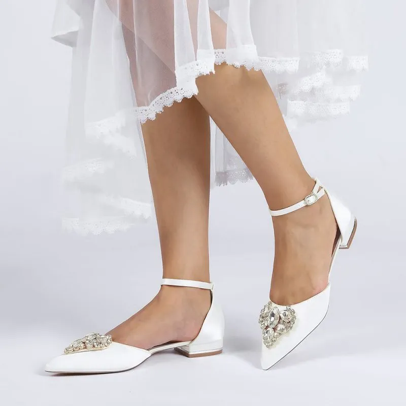 Satin Pointed Toe Ankle Strap Rhinestone Kitten Heels