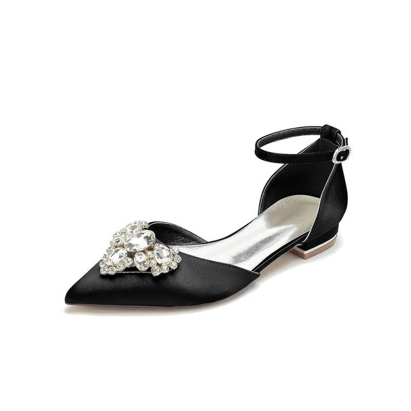 Satin Pointed Toe Ankle Strap Rhinestone Kitten Heels