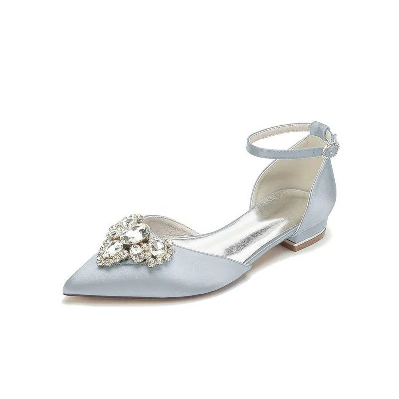 Satin Pointed Toe Ankle Strap Rhinestone Kitten Heels