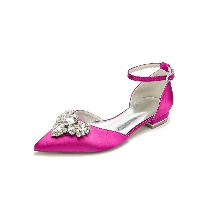 Satin Pointed Toe Ankle Strap Rhinestone Kitten Heels