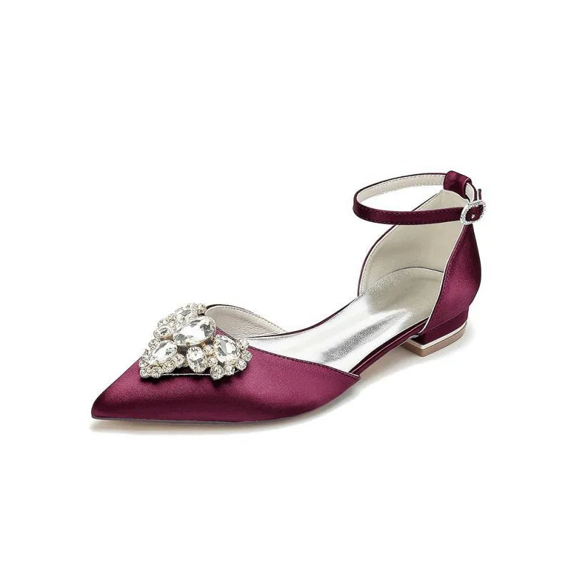 Satin Pointed Toe Ankle Strap Rhinestone Kitten Heels