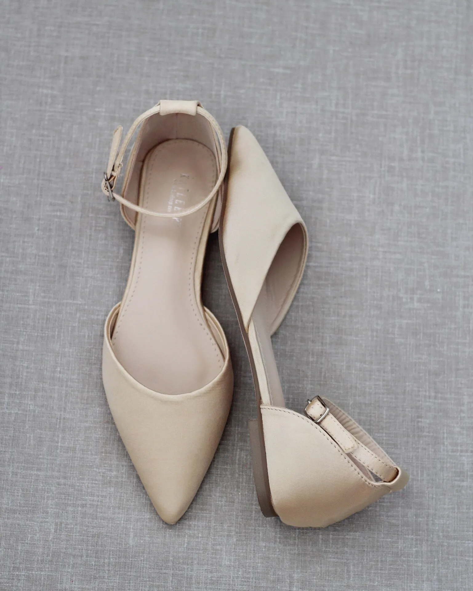Satin Pointy Toe Flats with Ankle Strap