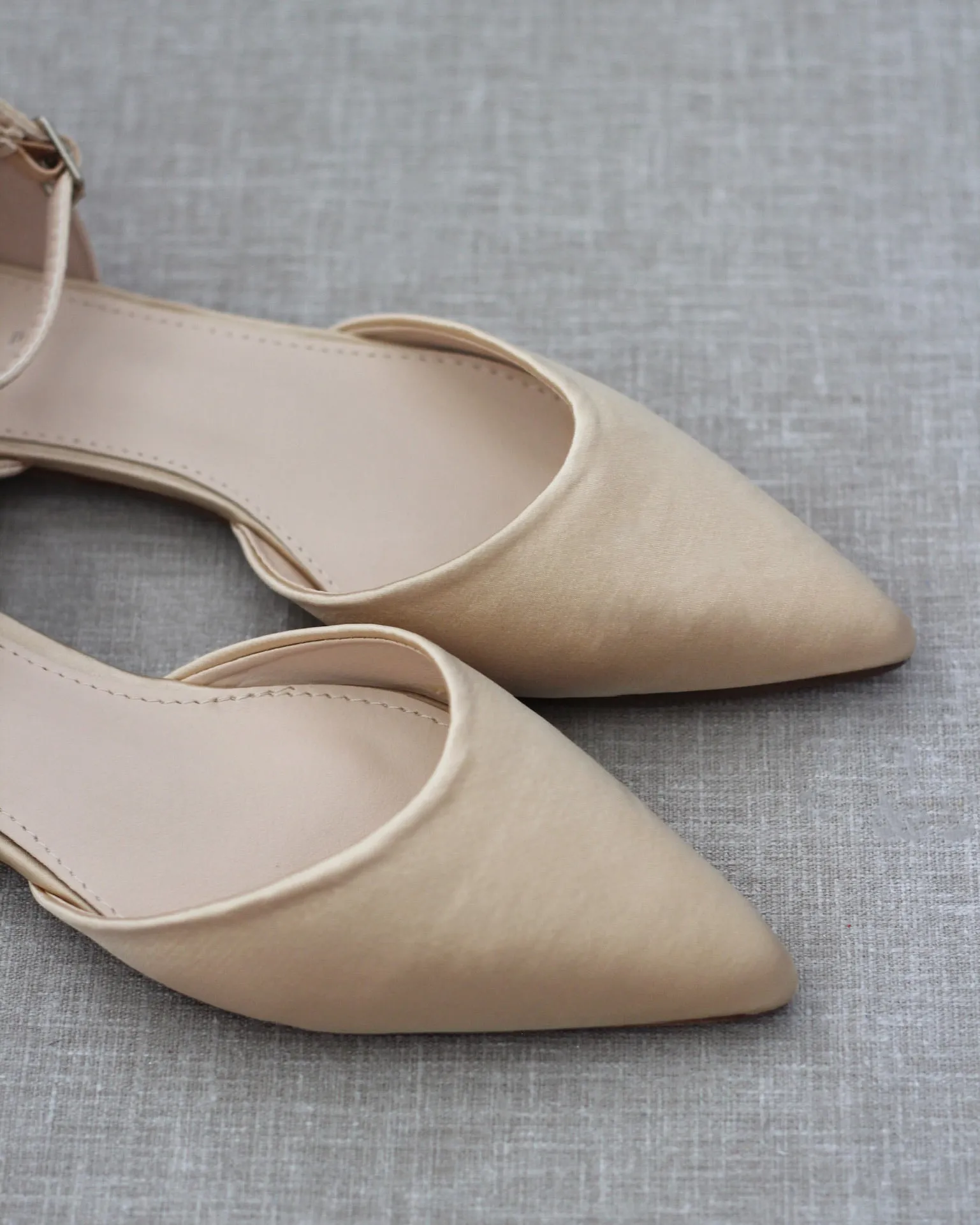 Satin Pointy Toe Flats with Ankle Strap