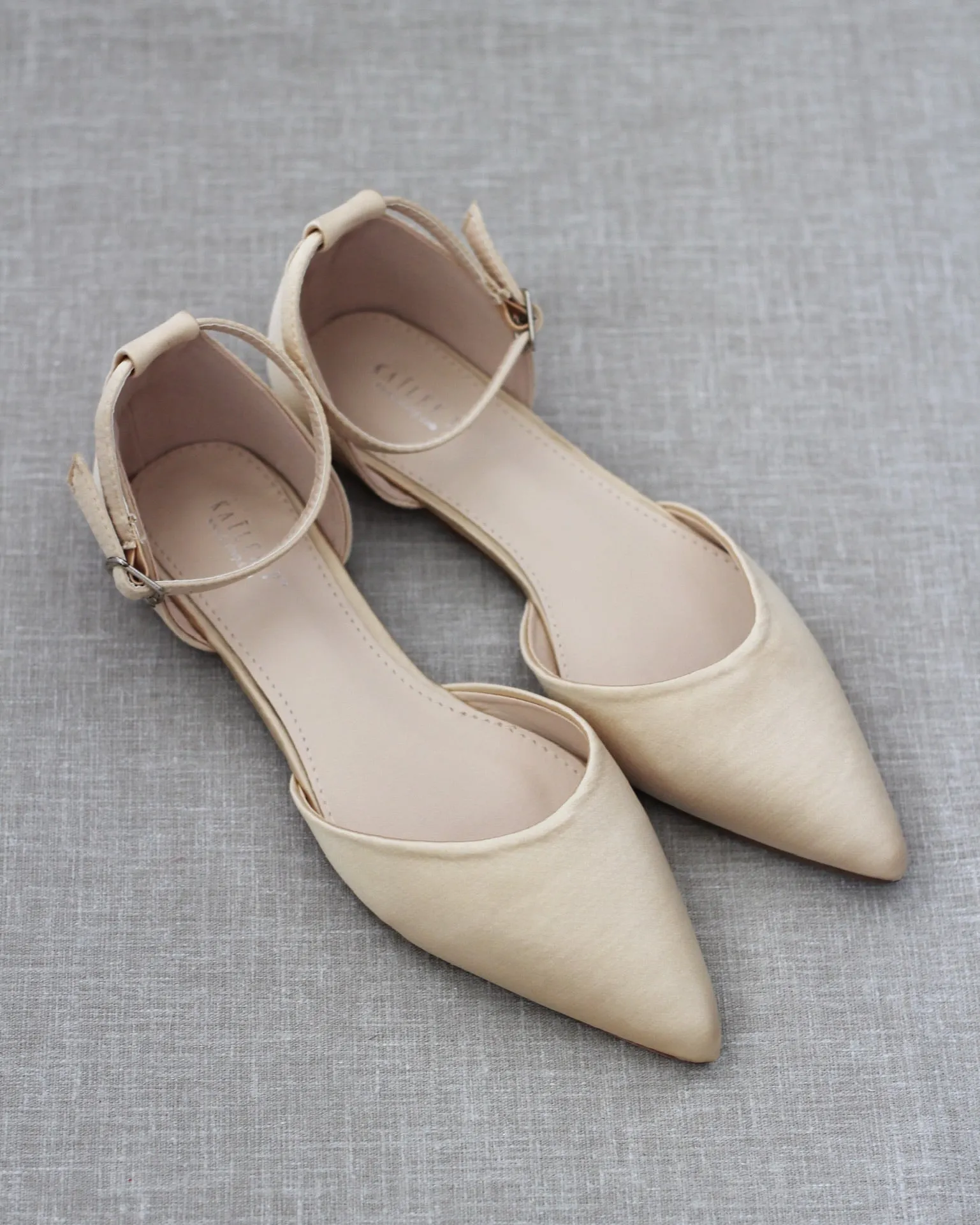 Satin Pointy Toe Flats with Ankle Strap