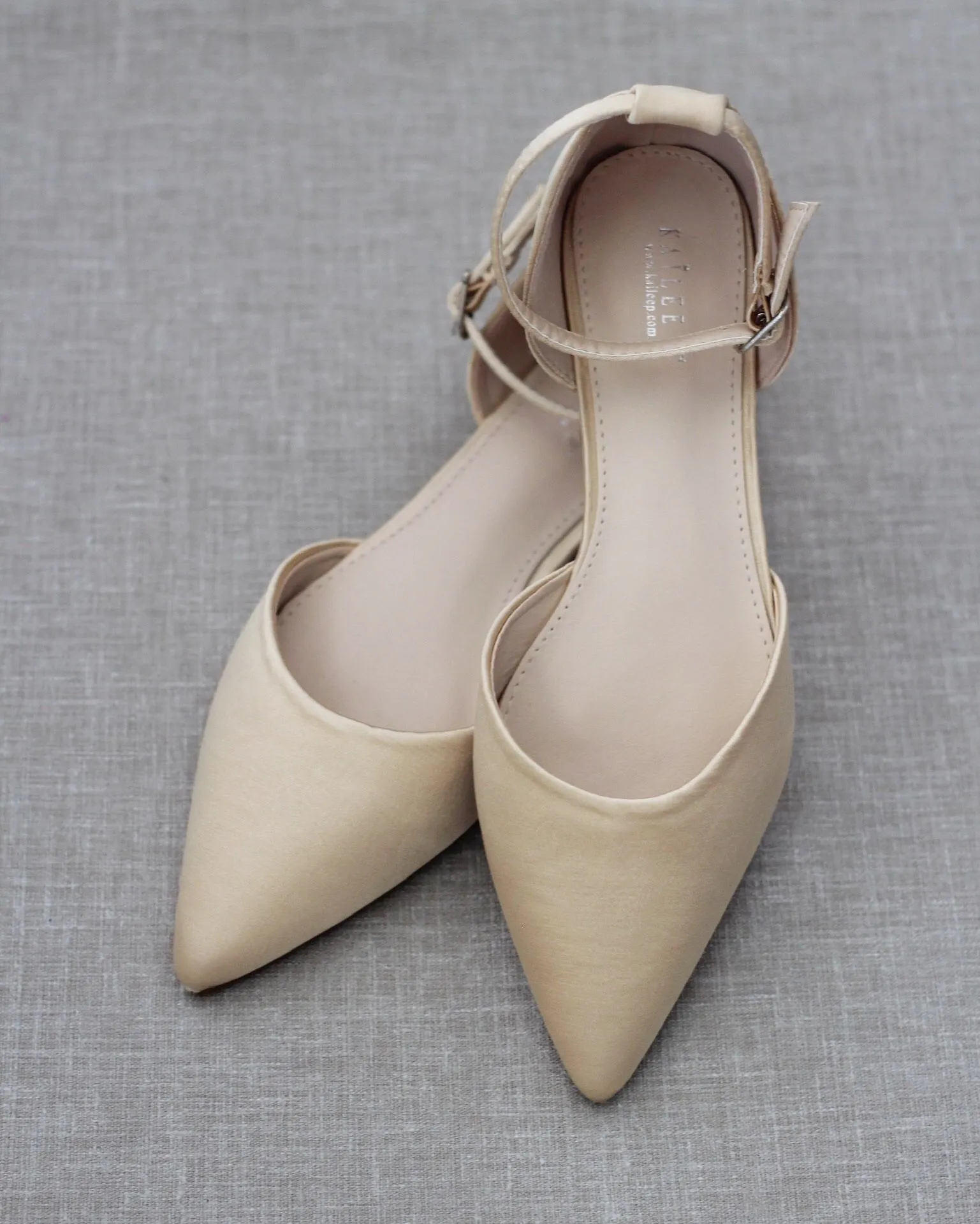 Satin Pointy Toe Flats with Ankle Strap