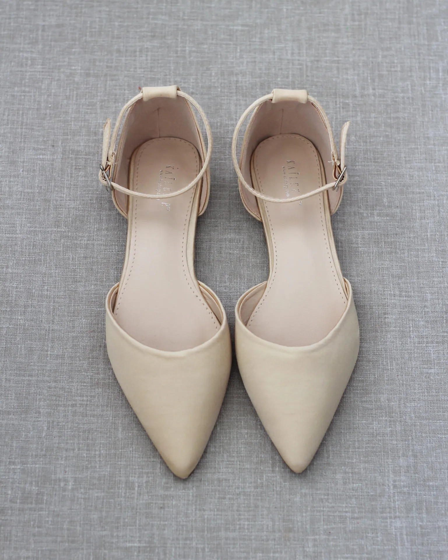 Satin Pointy Toe Flats with Ankle Strap