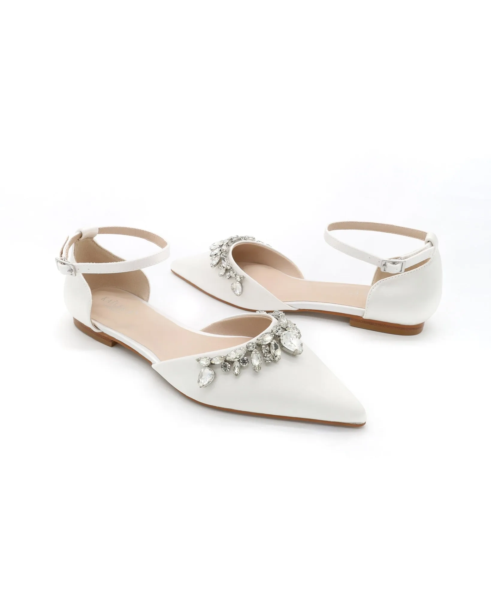 Satin Pointy Toe Flats with Teardrop Rhinestones Embellishments