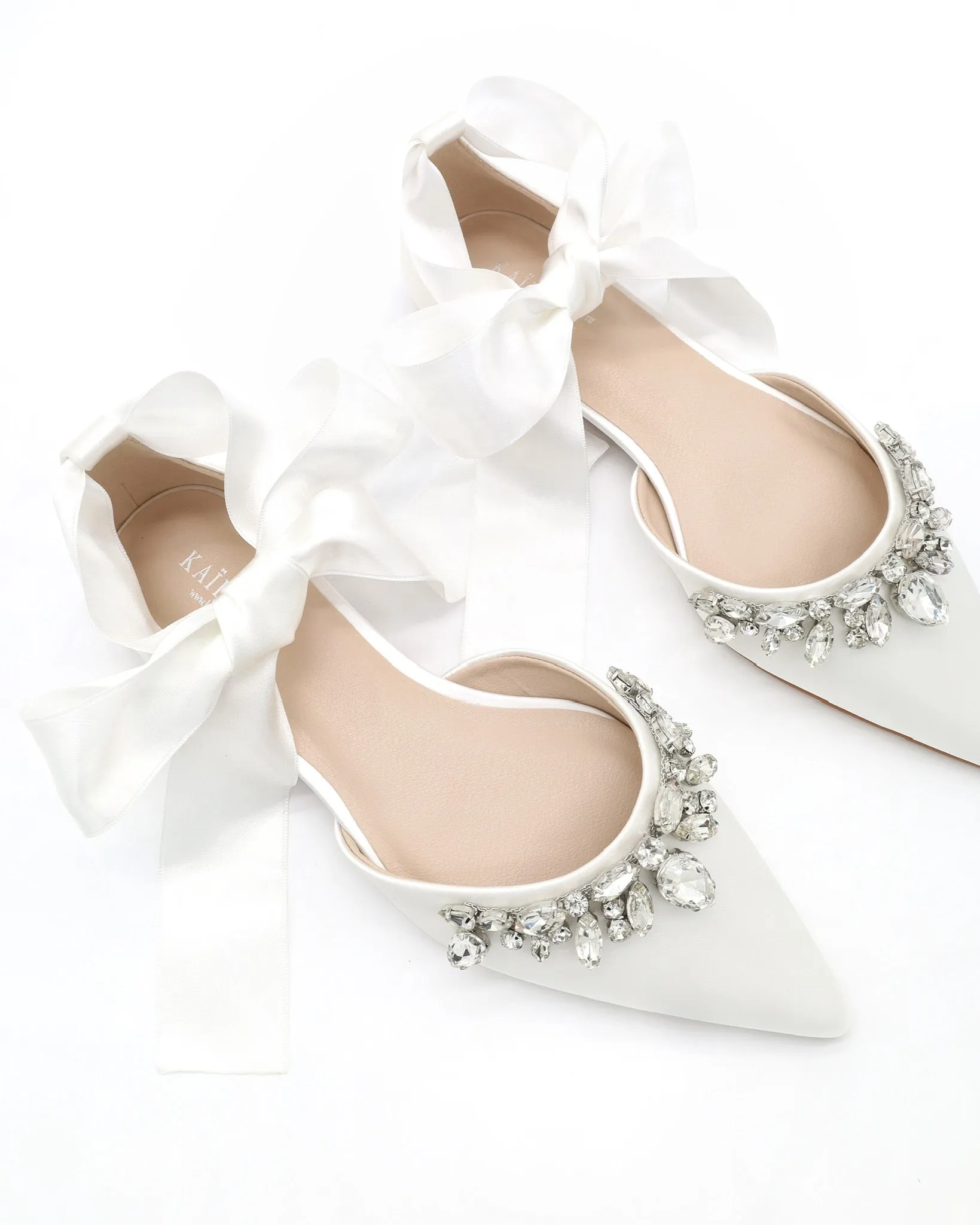 Satin Pointy Toe Flats with Teardrop Rhinestones Embellishments