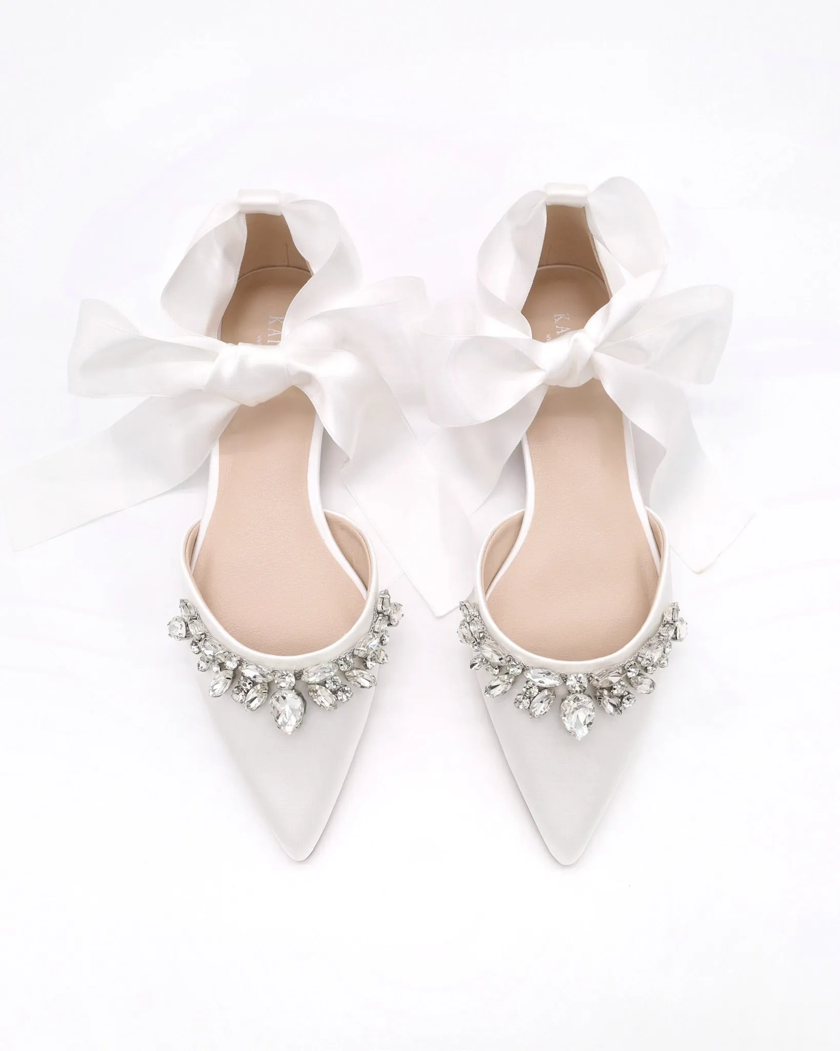 Satin Pointy Toe Flats with Teardrop Rhinestones Embellishments