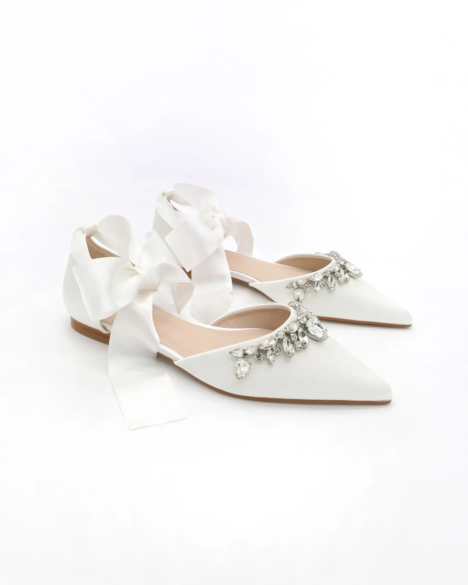 Satin Pointy Toe Flats with Teardrop Rhinestones Embellishments