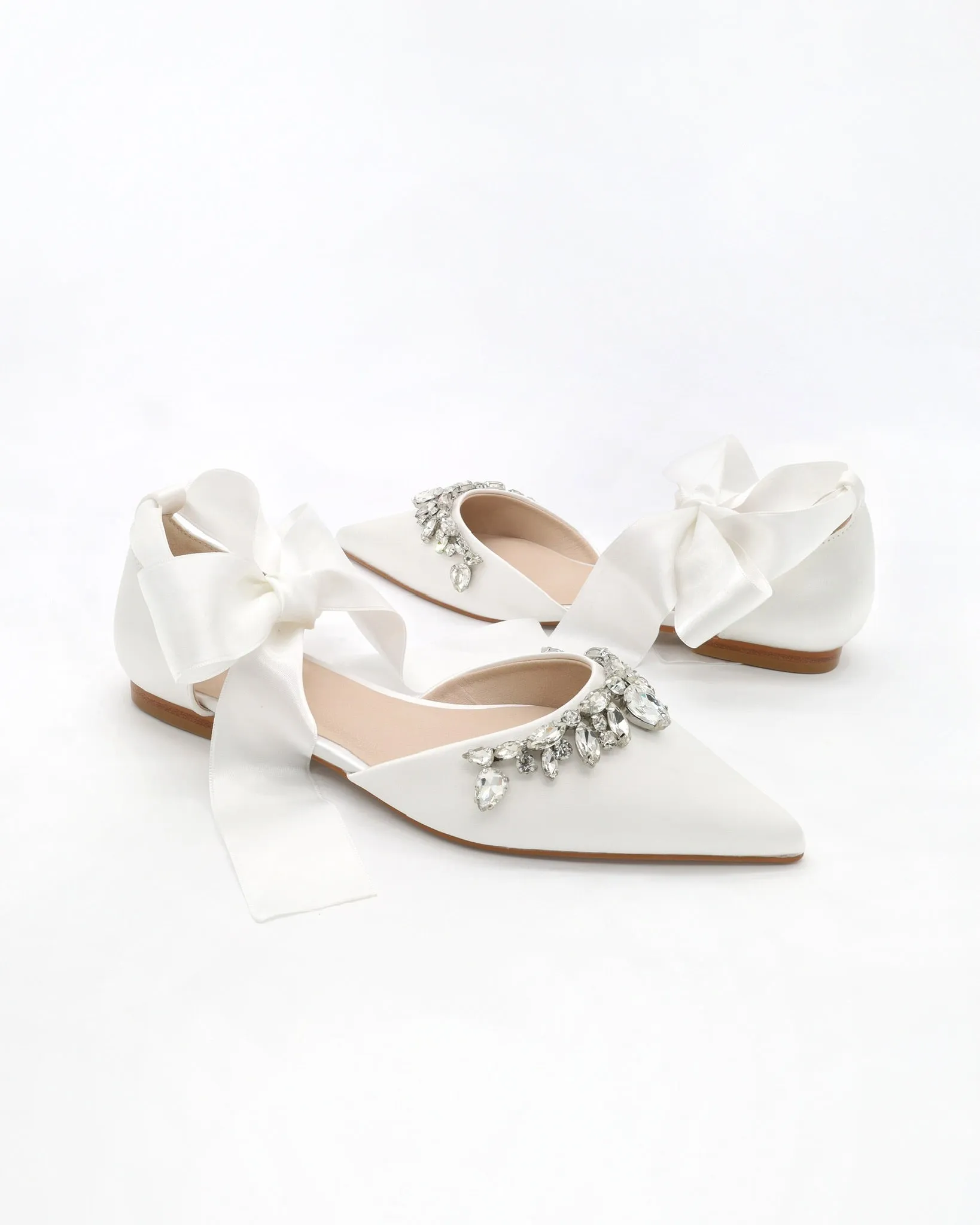 Satin Pointy Toe Flats with Teardrop Rhinestones Embellishments