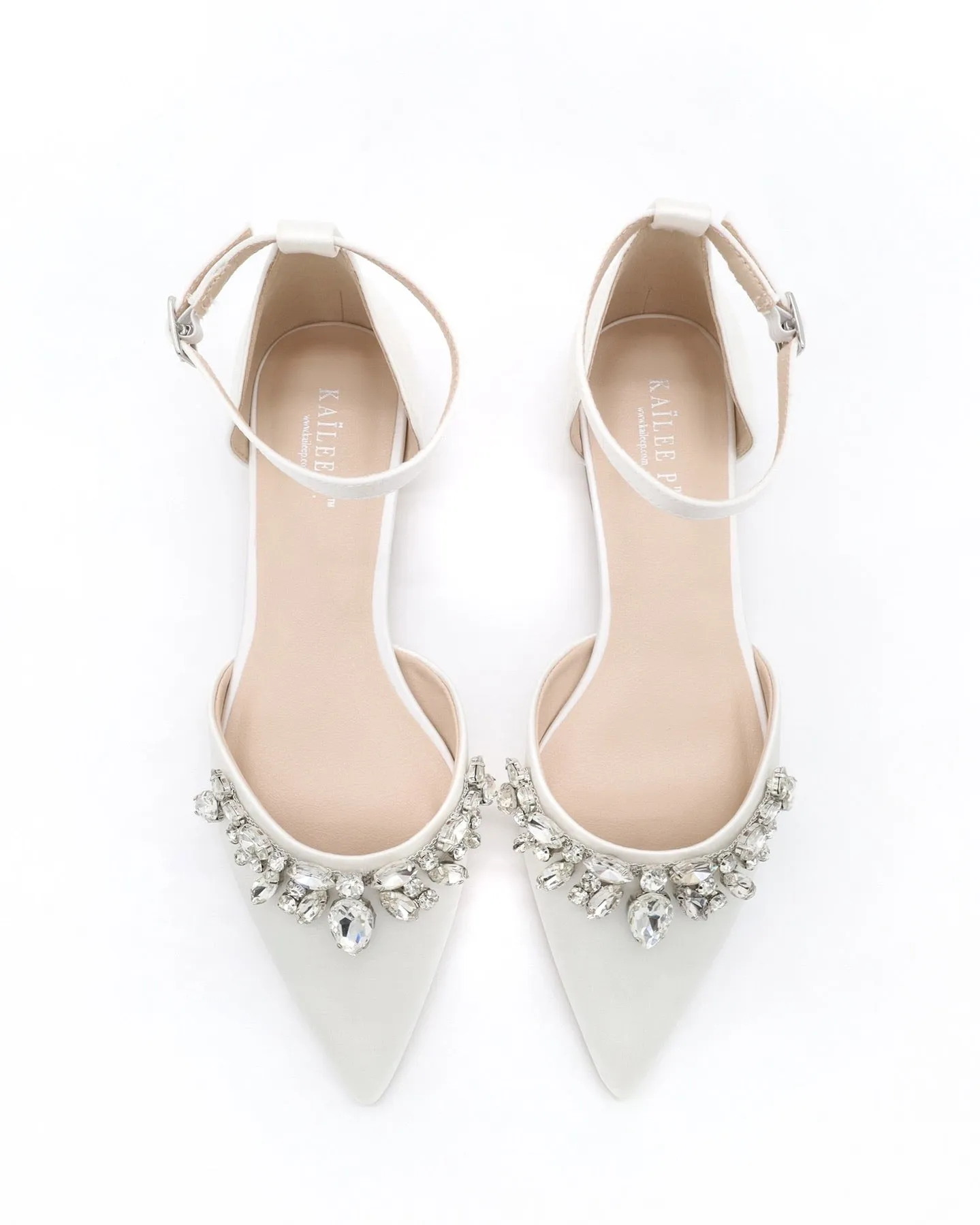 Satin Pointy Toe Flats with Teardrop Rhinestones Embellishments