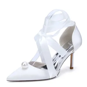 Satin Wedding Shoes Lace Up Hand-Made Bridal Pump Prom Heels