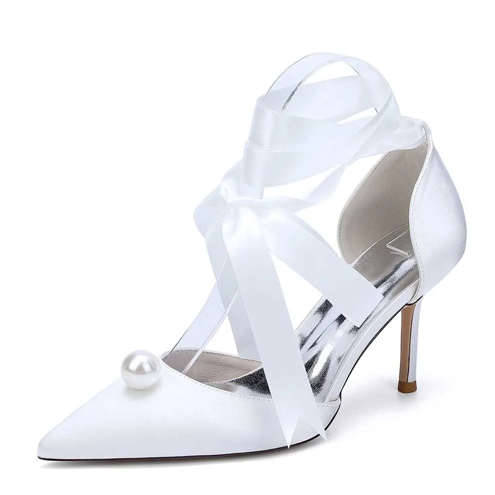 Satin Wedding Shoes Lace Up Hand-Made Bridal Pump Prom Heels
