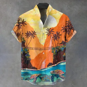 Sea Turtle And Coconut Tree Print Short Sleeve Shirt 2409007942