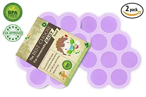 (Set Of 2) Silicone Baby Food Freezer Tray With Cover Lid - Reusable Mold Storage Containers Homemade Baby Food - Vegetable, Fruit Purees, Breast Milk And Ice Cubes - Bpa Free &Amp; Fda Approved-Purple