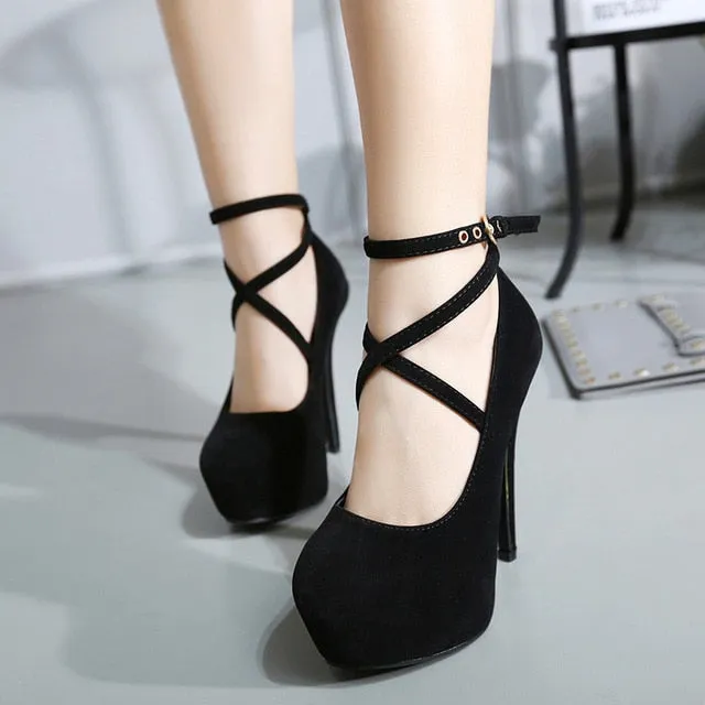 Sexy Big Pumps Women Red Thick Bottom Cross-tie 14 cm High Heels Office Ladies Shoes Soft Flock Bridal Single Footwear Size 42