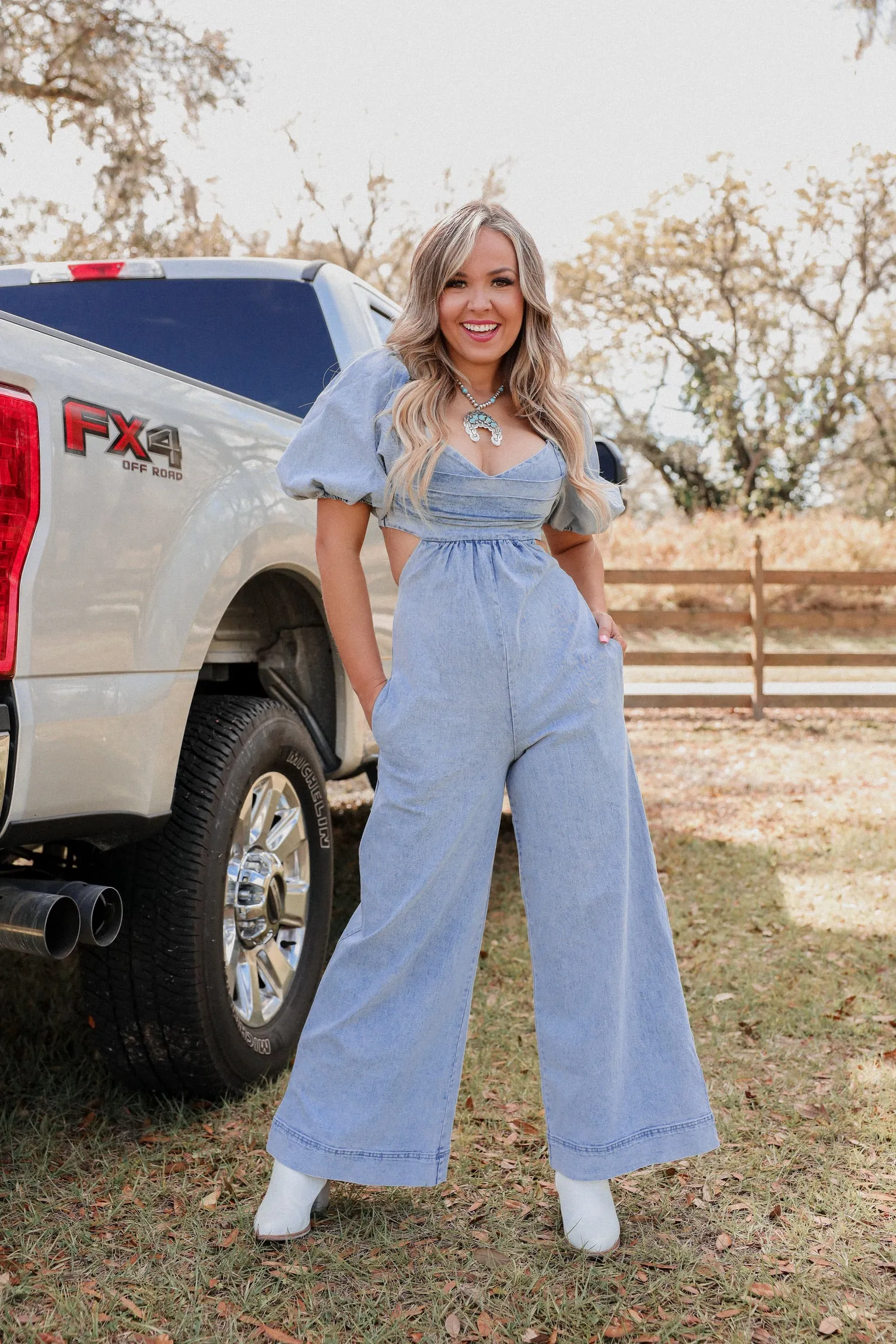 She's So Fine Open Back Denim Jumpsuit