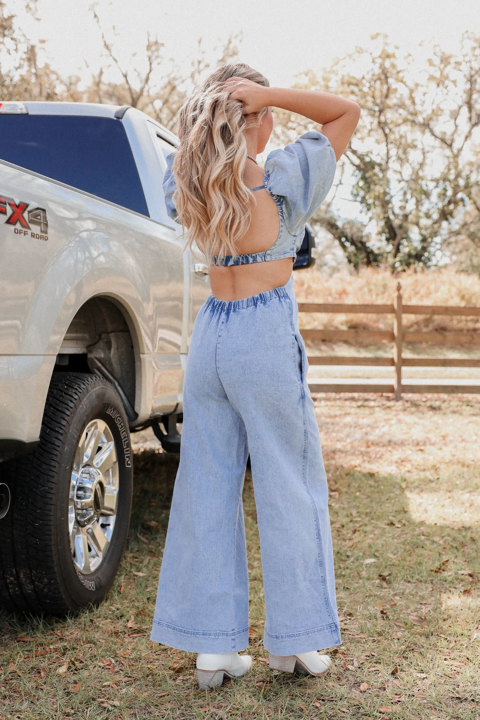 She's So Fine Open Back Denim Jumpsuit