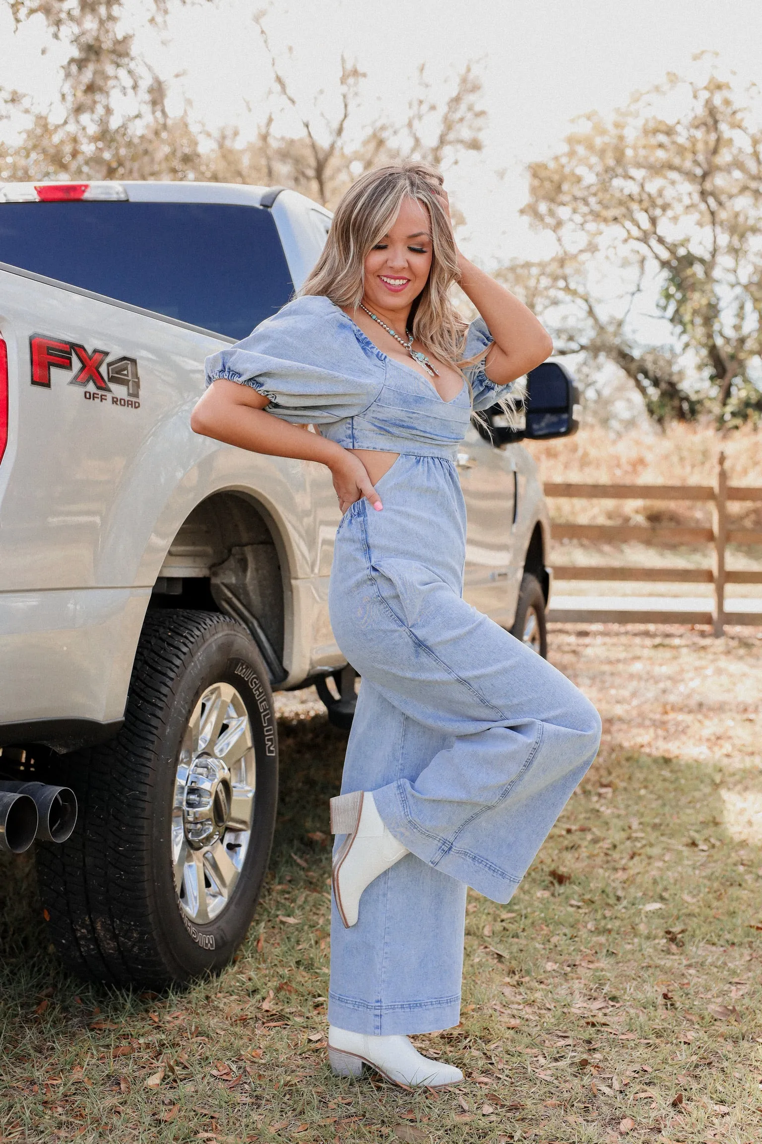 She's So Fine Open Back Denim Jumpsuit