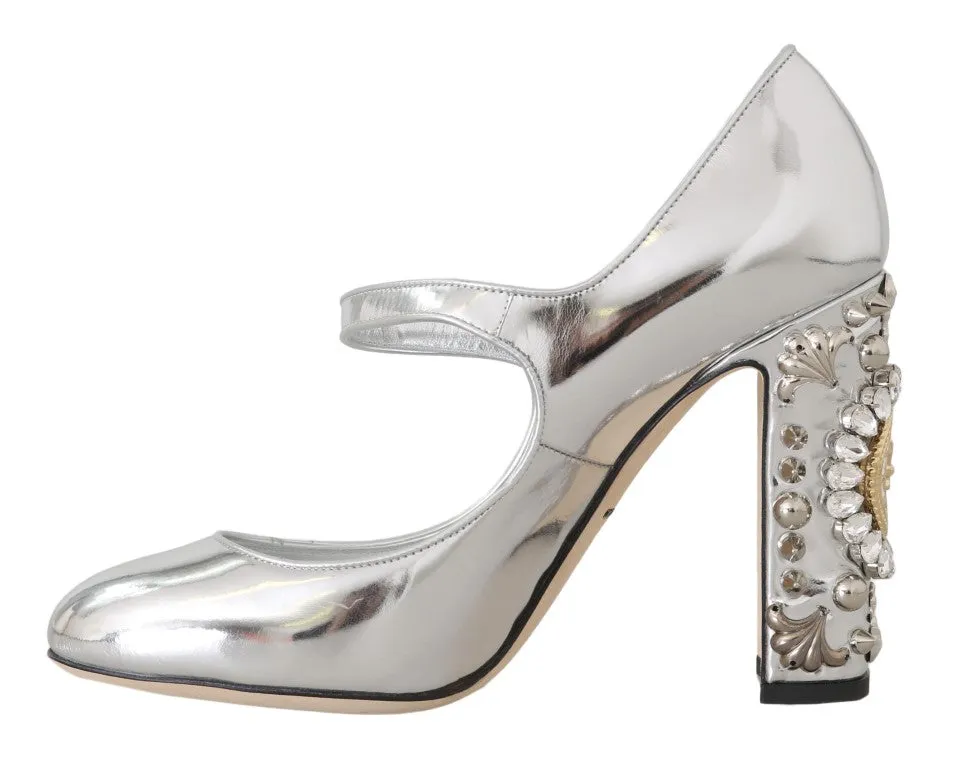 Silver Leather Heart Crystal Pumps