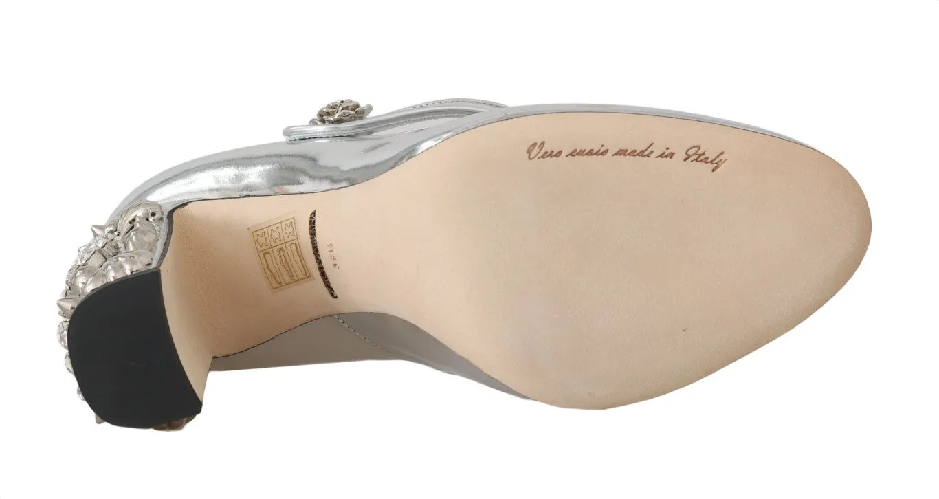 Silver Leather Heart Crystal Pumps