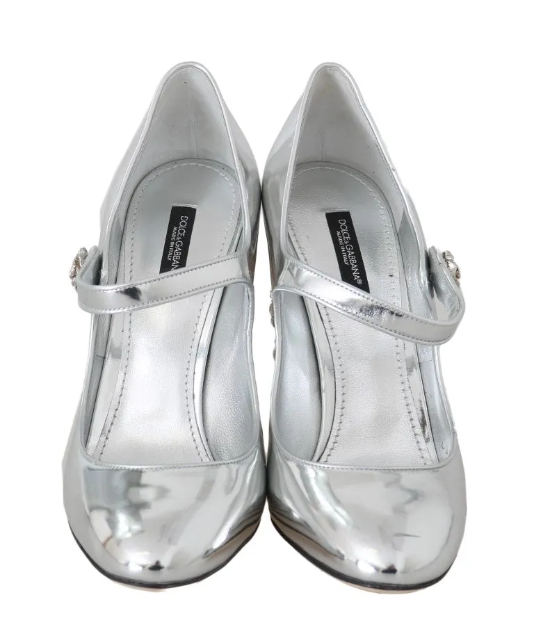 Silver Leather Heart Crystal Pumps