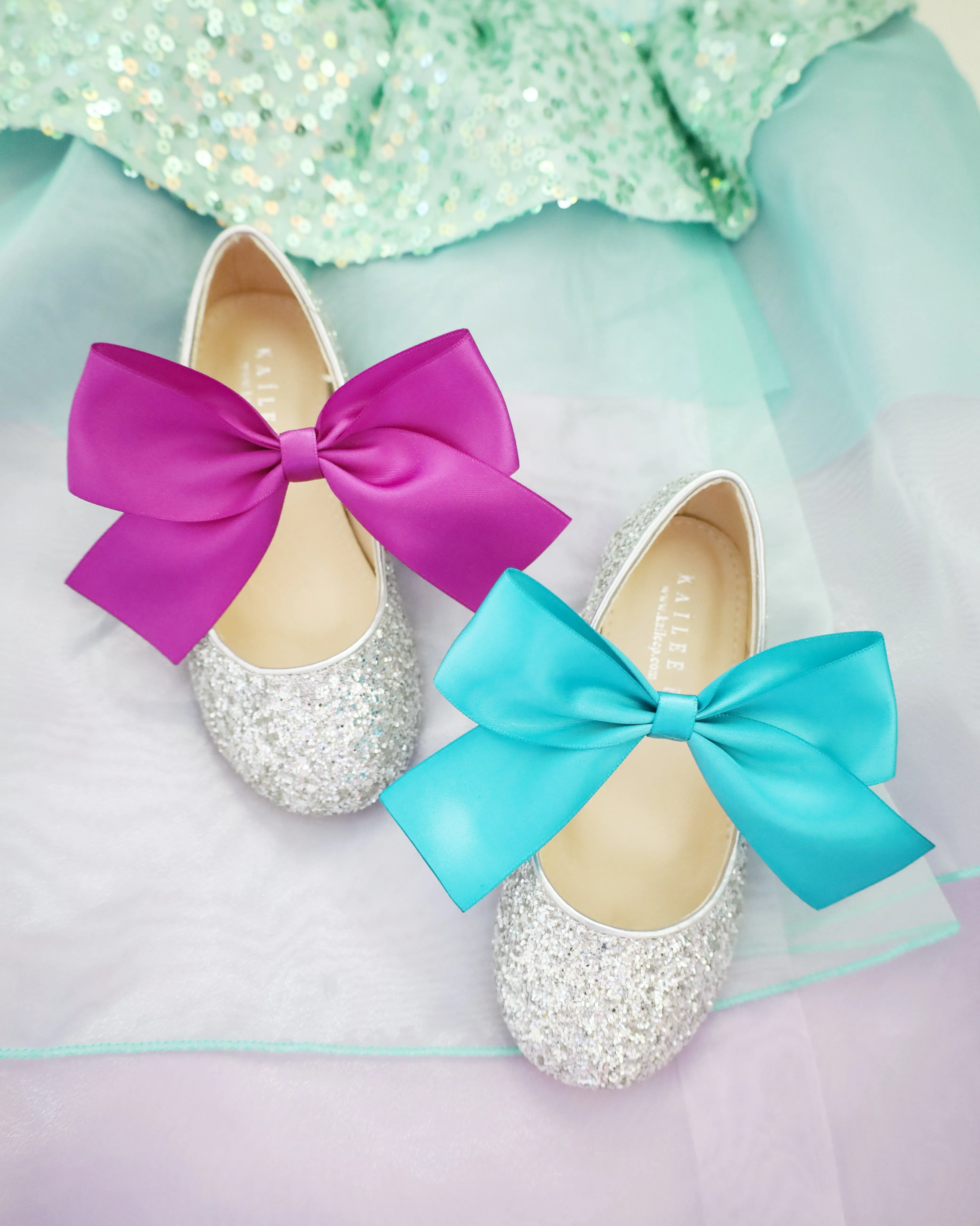 Silver Rock Glitter Mary Jane with Satin Bow