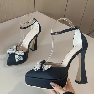Spring Women Pumps Fashion Design White Pearl Bowknot High Heels Platform Sandals