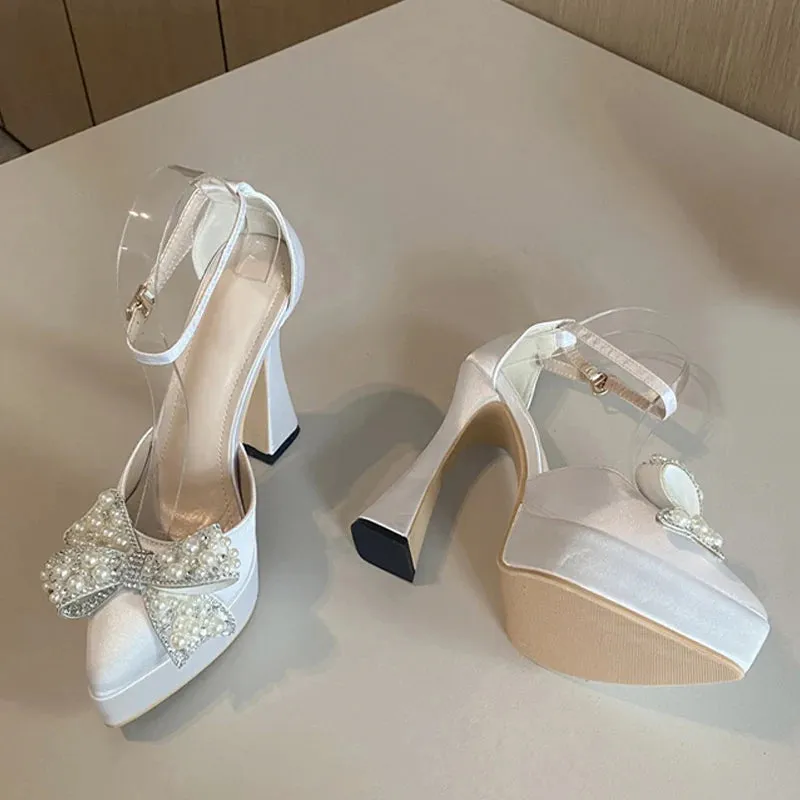 Spring Women Pumps Fashion Design White Pearl Bowknot High Heels Platform Sandals