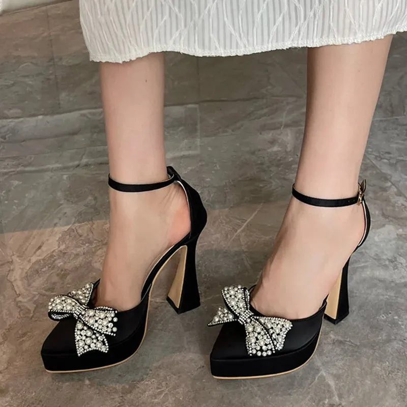Spring Women Pumps Fashion Design White Pearl Bowknot High Heels Platform Sandals