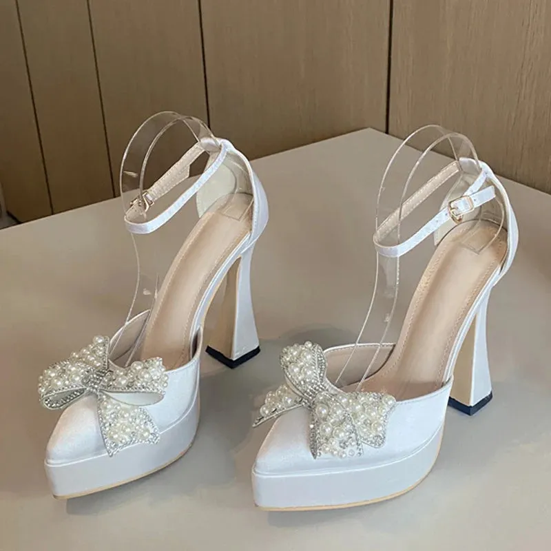 Spring Women Pumps Fashion Design White Pearl Bowknot High Heels Platform Sandals
