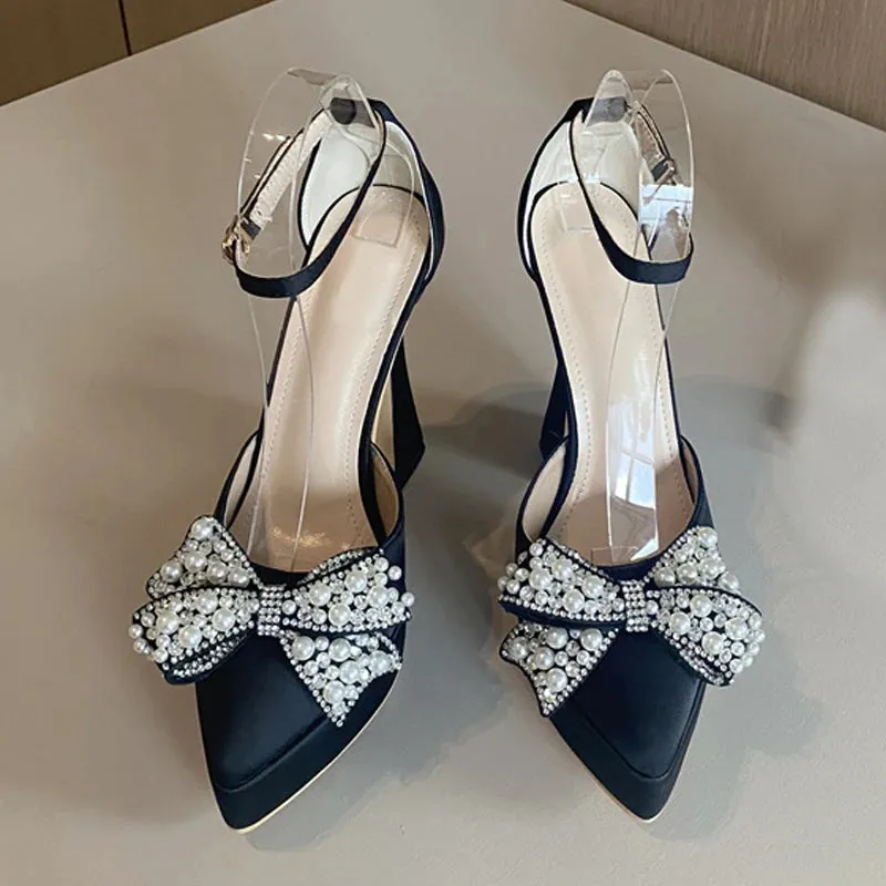 Spring Women Pumps Fashion Design White Pearl Bowknot High Heels Platform Sandals