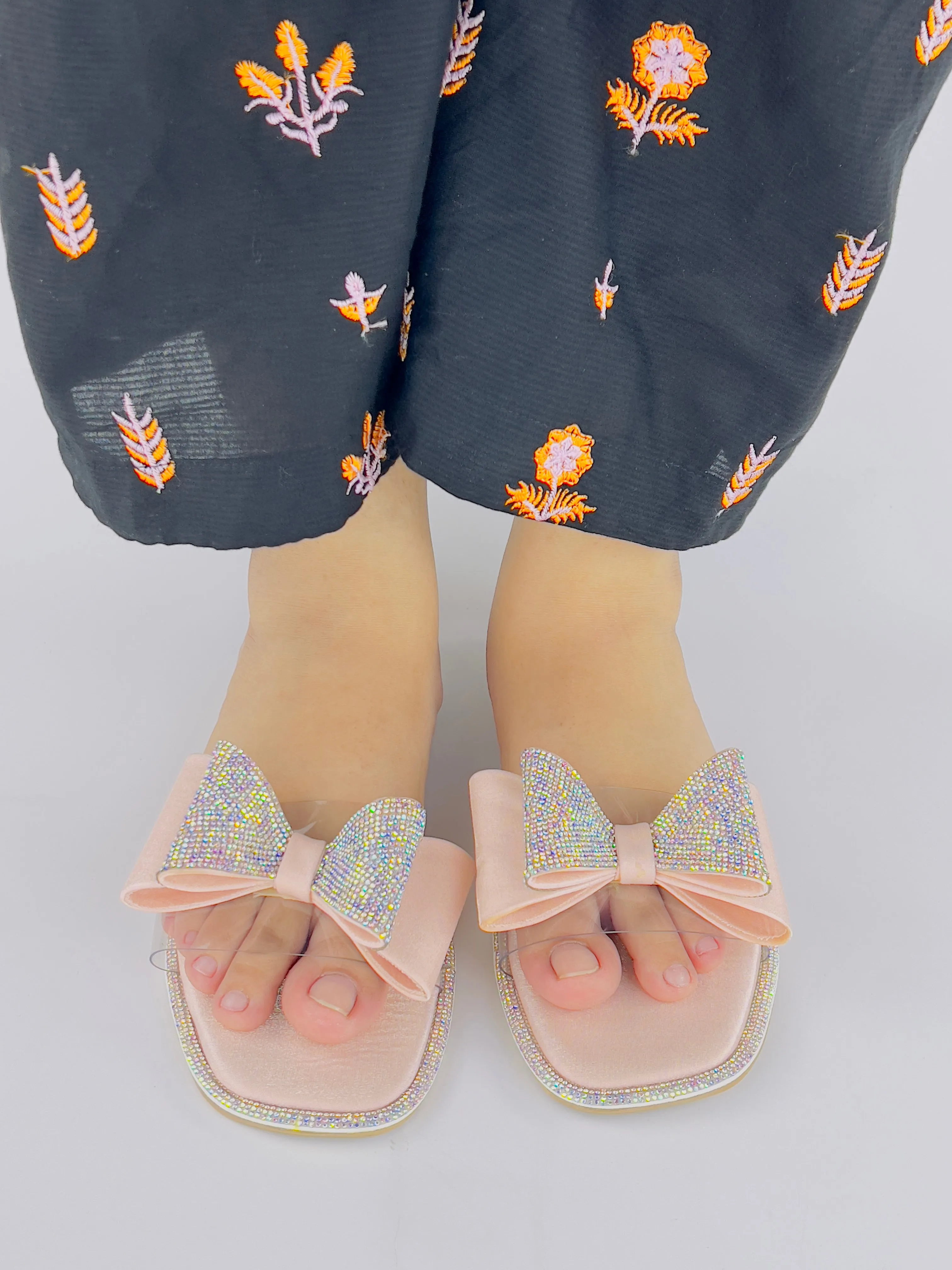 Spunkz Sweet Pink Crystal Diamanté Bow Flats Slip on Sandals - 11055
