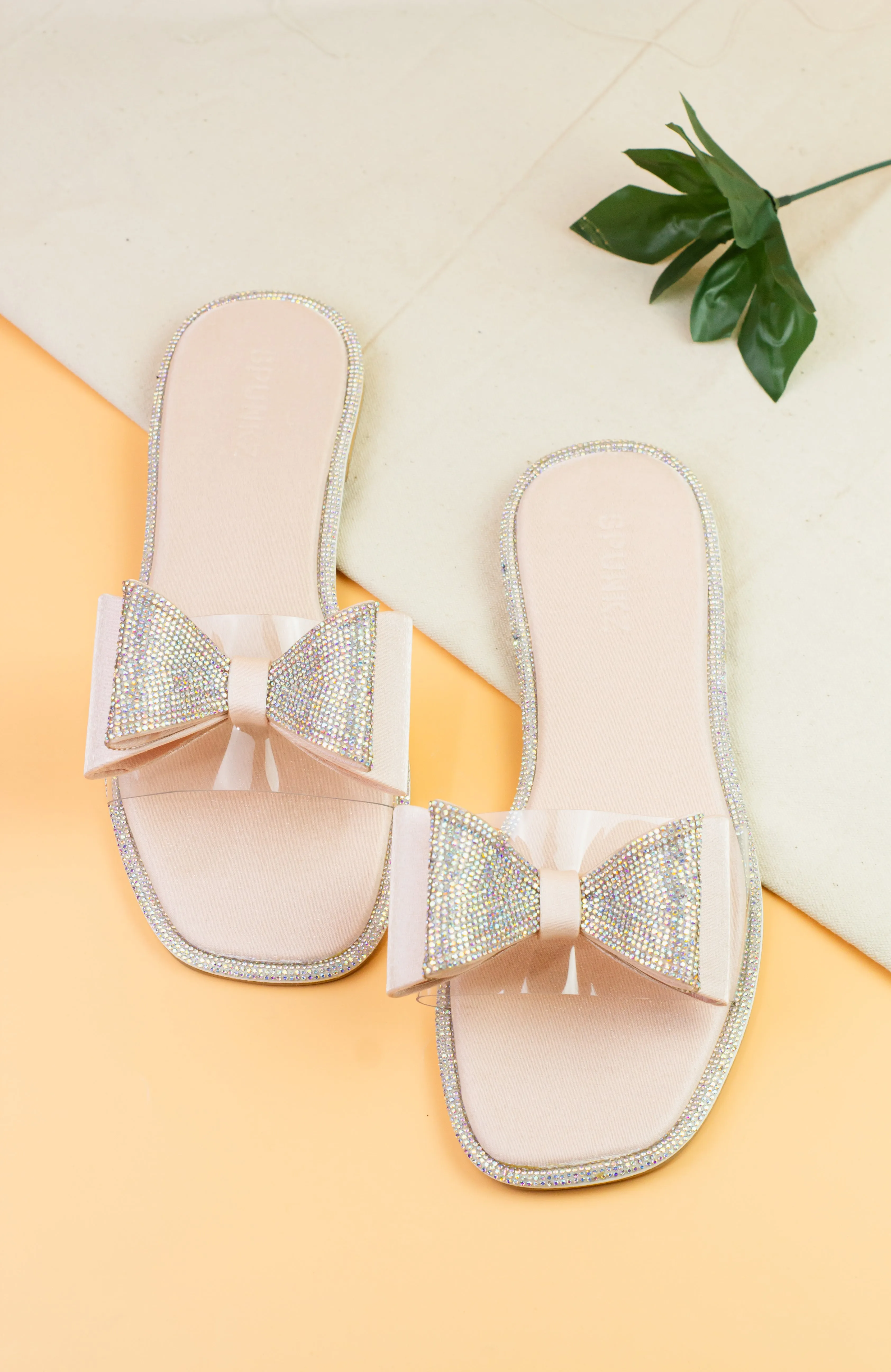 Spunkz Sweet Pink Crystal Diamanté Bow Flats Slip on Sandals - 11055