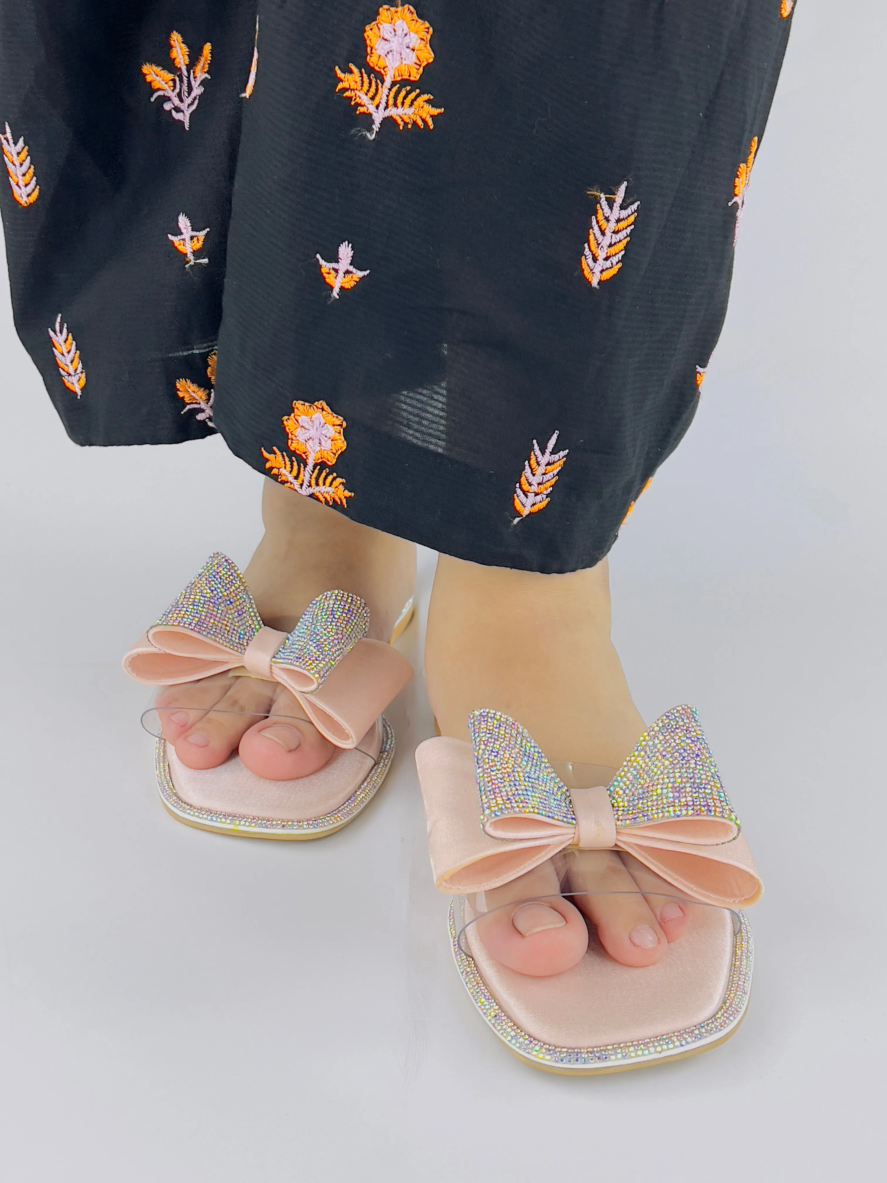 Spunkz Sweet Pink Crystal Diamanté Bow Flats Slip on Sandals - 11055