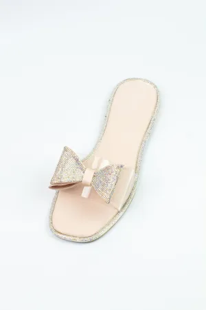 Spunkz Sweet Pink Crystal Diamanté Bow Flats Slip on Sandals - 11055