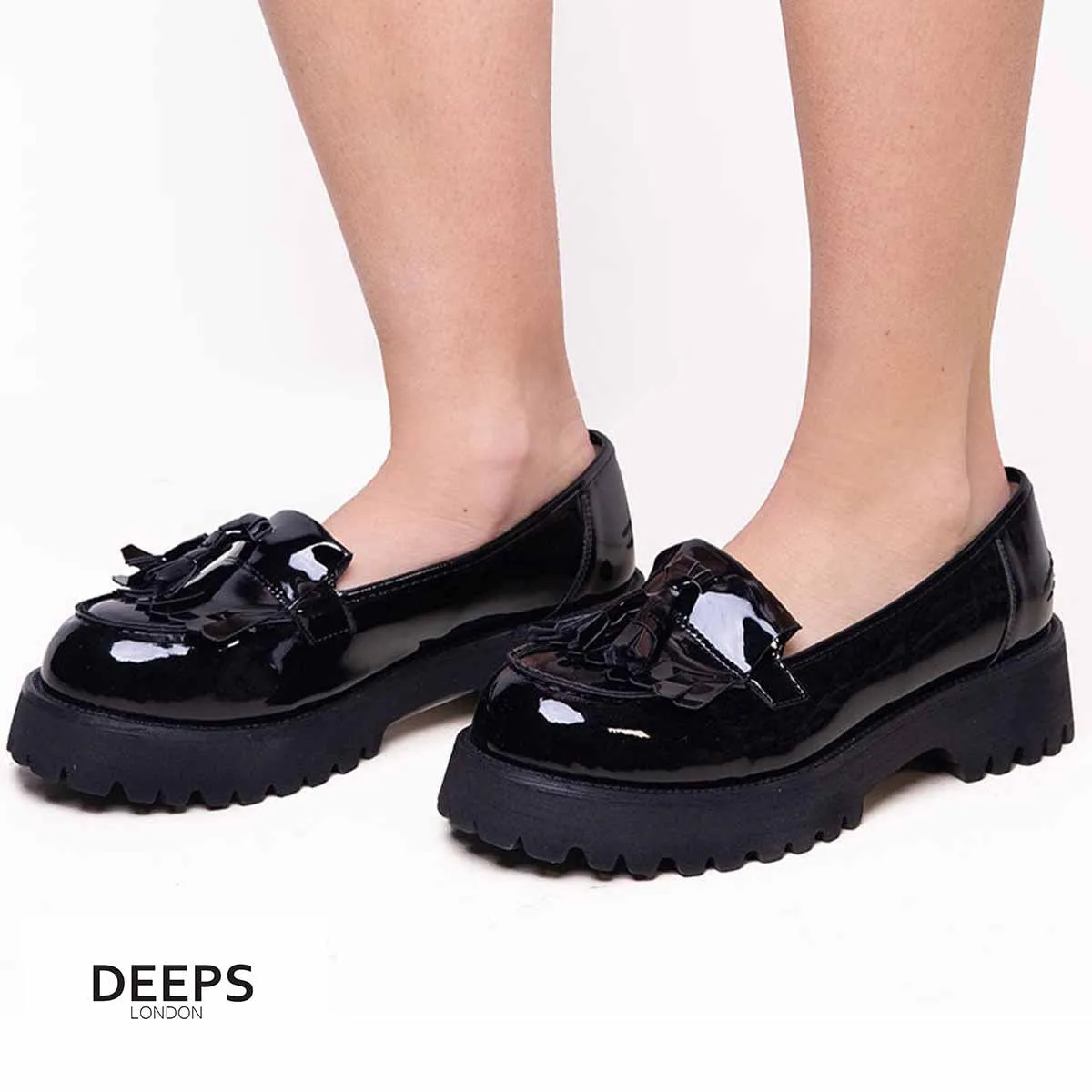 STARLA BLACK PATENT CHUNKY LOAFERS WITH FRINGE TASSEL