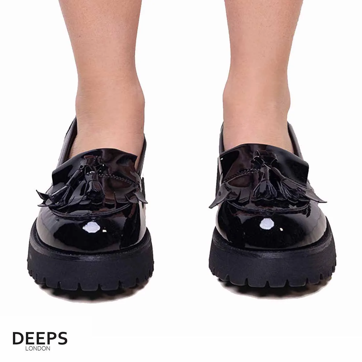 STARLA BLACK PATENT CHUNKY LOAFERS WITH FRINGE TASSEL