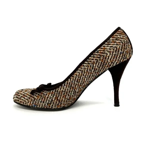 Stuart Weitzman Tweed Pumps Size 6 Heels Suede Brown Cream Orange Blue Bow