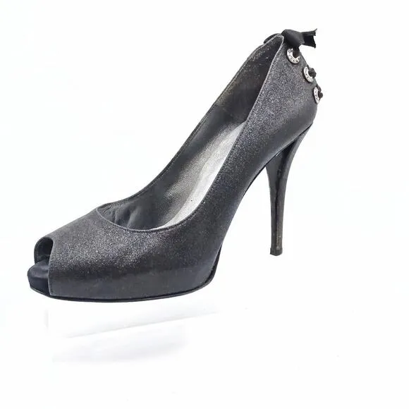 STUART WEITZMAN Y2K Silver Metallic Rhinestone Peep Toe Heels Sz 9 / Glam Party