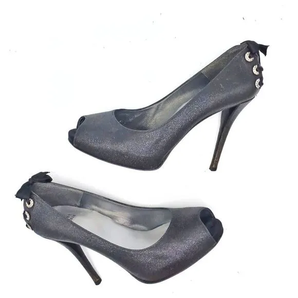 STUART WEITZMAN Y2K Silver Metallic Rhinestone Peep Toe Heels Sz 9 / Glam Party