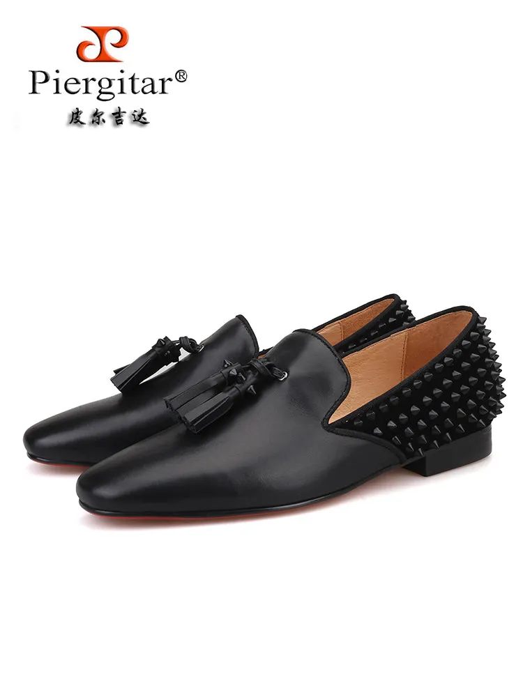 Summer men's slip-on set of handmade banquet loafers with toe layer cowhide leather tassels and toe layer frosted leather rivets