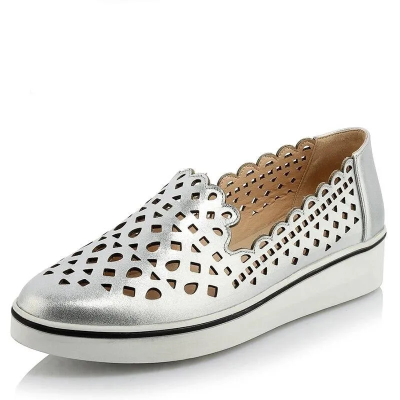 Summer New Arrival Cut Out Genuine Leather Women Flats Fashion Casual Cutout Lady Real Leather Flat Heels Shoes