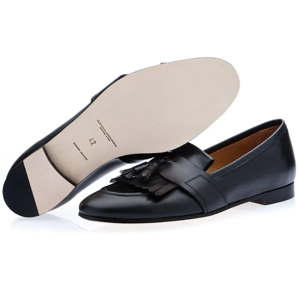 SUPERGLAMOUROUS Romeo Toledo Men's Shoes Black Calf-Skin Leather Tassels Loafers (SPGM1051)